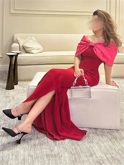 Red Satin Mermaid Prom Dresses 2025 with Slit, Bow, Off the Shoulder Formal Dresses – FD5210-prom dresses 2025 -Viniodress-Red-Custom Size-