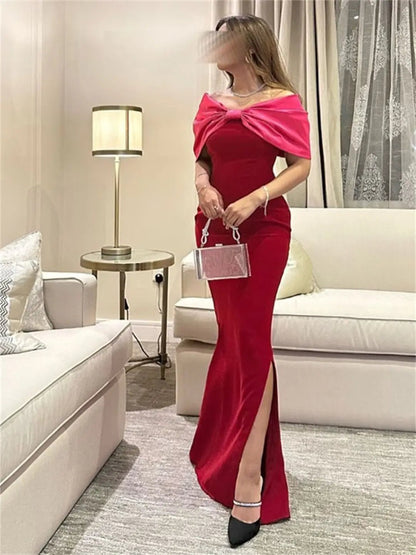 Red Satin Mermaid Prom Dresses 2025 with Slit, Bow, Off the Shoulder Formal Dresses – FD5210-prom dresses 2025 -Viniodress-Red-Custom Size-