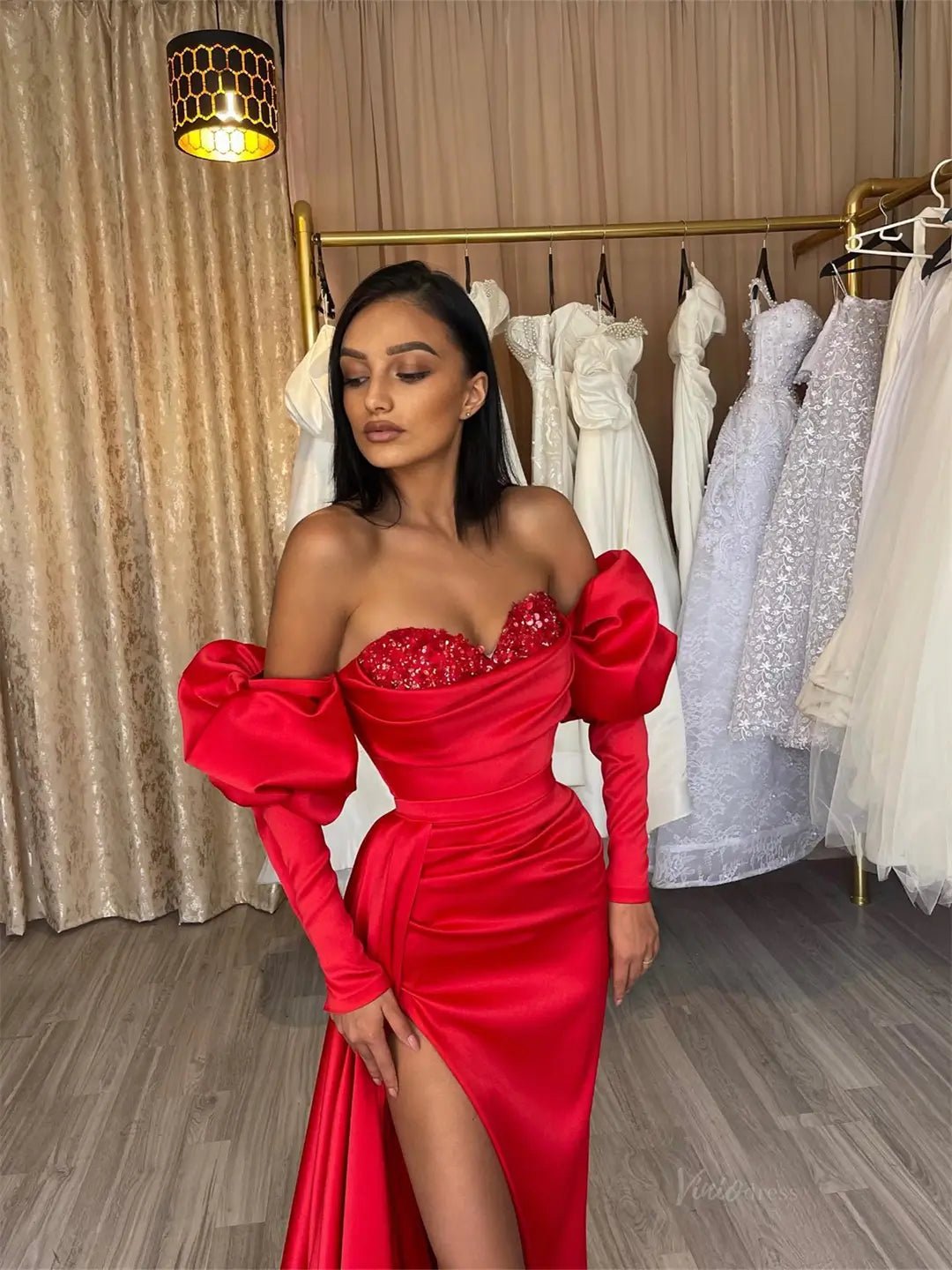 Red Satin Mermaid Prom Dresses 2025 with Slit, Long Puffed Sleeve & Sweetheart Neck – FD5220-prom dresses 2025 -Viniodress-Red-Custom Size-