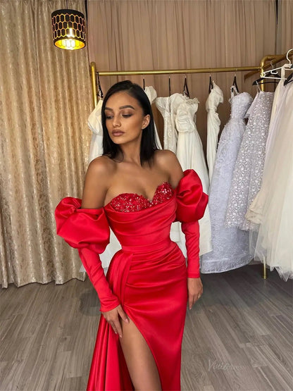 Red Satin Mermaid Prom Dresses 2025 with Slit, Long Puffed Sleeve & Sweetheart Neck – FD5220-prom dresses 2025 -Viniodress-Red-Custom Size-