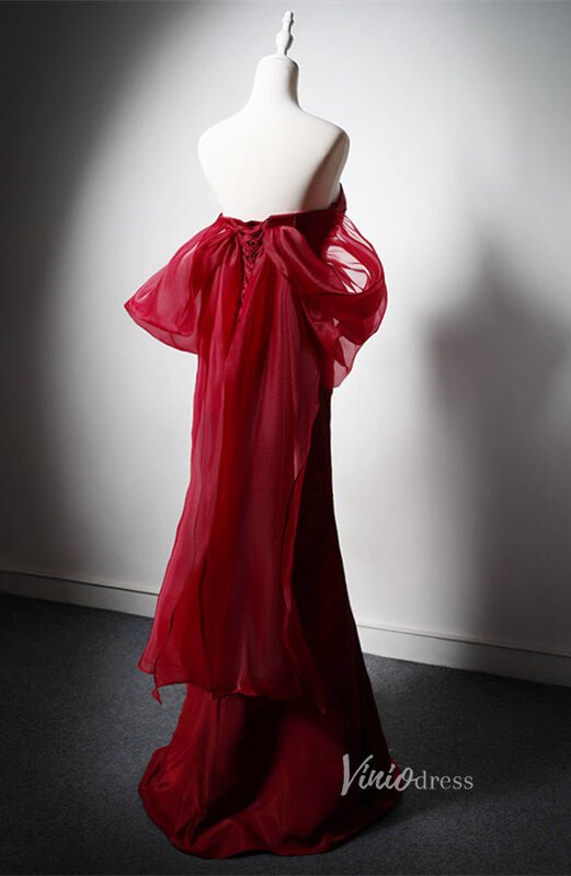 Red Satin Mermaid Prom Dresses with Slit Off the Shoulder Evening Dress AD1219-prom dresses 2025 -Viniodress-Red-Custom Size-