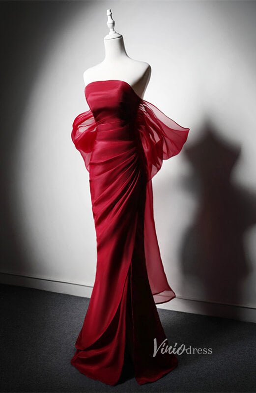 Red Satin Mermaid Prom Dresses with Slit Off the Shoulder Evening Dress AD1219-prom dresses 2025 -Viniodress-Red-Custom Size-