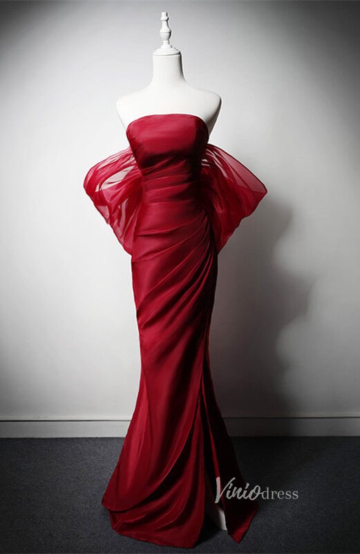 Red Satin Mermaid Prom Dresses with Slit Off the Shoulder Evening Dress AD1219-prom dresses 2025 -Viniodress-Red-Custom Size-