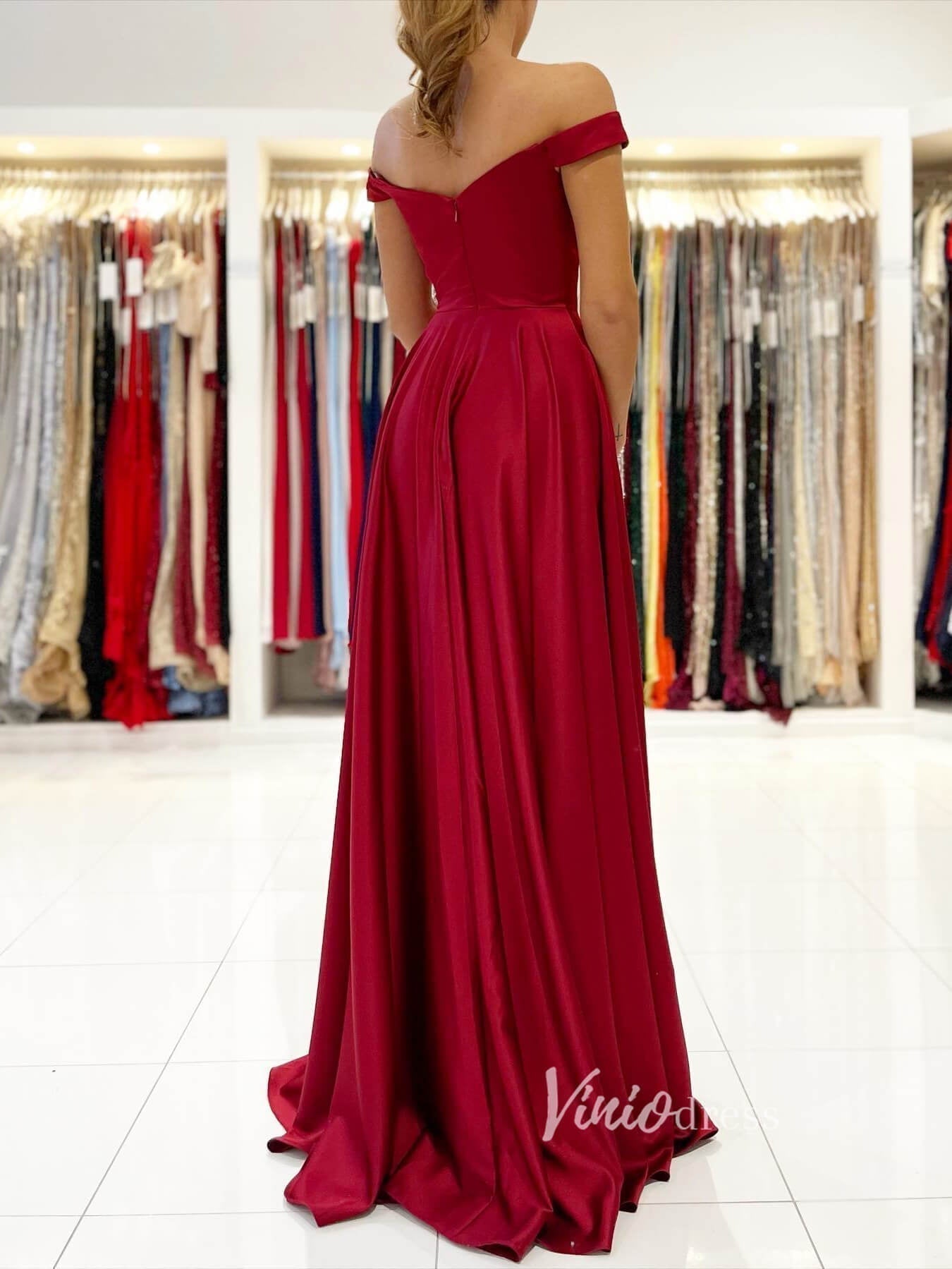 Red Satin Off the Shoulder Prom Dress fd2734-prom dresses 2025 -Viniodress-Red-Custom Size-