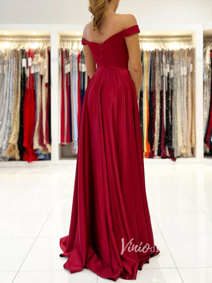 Red Satin Off the Shoulder Prom Dress fd2734-prom dresses 2025 -Viniodress-Red-Custom Size-