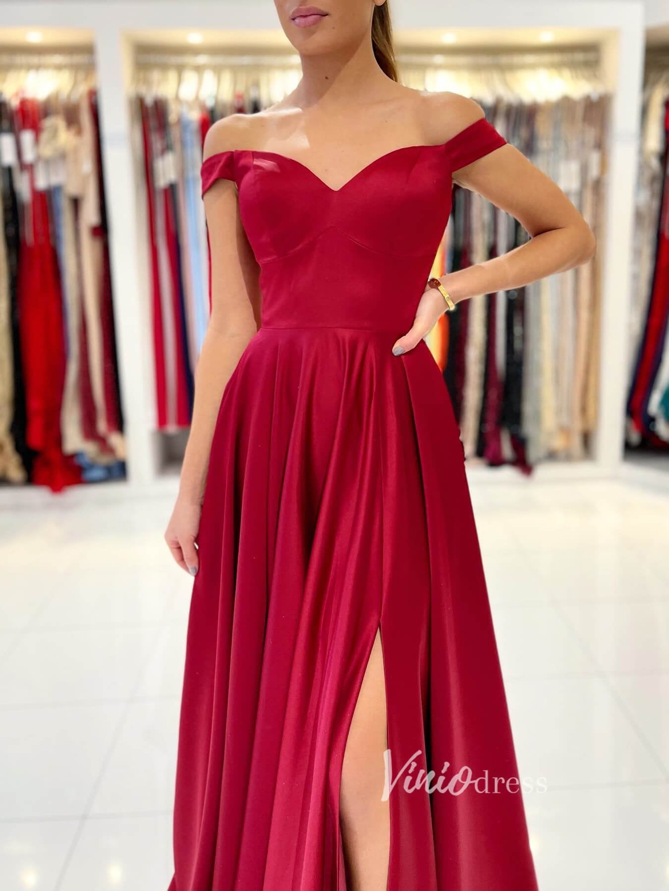 Red Satin Off the Shoulder Prom Dress fd2734-prom dresses 2025 -Viniodress-Red-Custom Size-