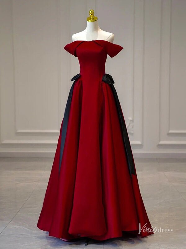 Red Satin Off the Shouler Prom Dresses Bow Tie Formal Gown BG084-prom dresses 2025 -Viniodress-Red-Custom Size-