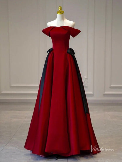 Red Satin Off the Shouler Prom Dresses Bow Tie Formal Gown BG084-prom dresses 2025 -Viniodress-Red-Custom Size-