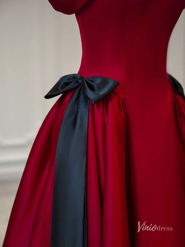 Red Satin Off the Shouler Prom Dresses Bow Tie Formal Gown BG084-prom dresses 2025 -Viniodress-Red-Custom Size-