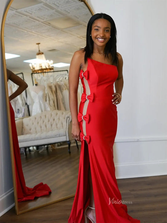 Red Satin One Shoulder Prom Dresses with Slit & Bow-Tie - FD6042-prom dresses 2025 -Viniodress-Red-Custom Size-