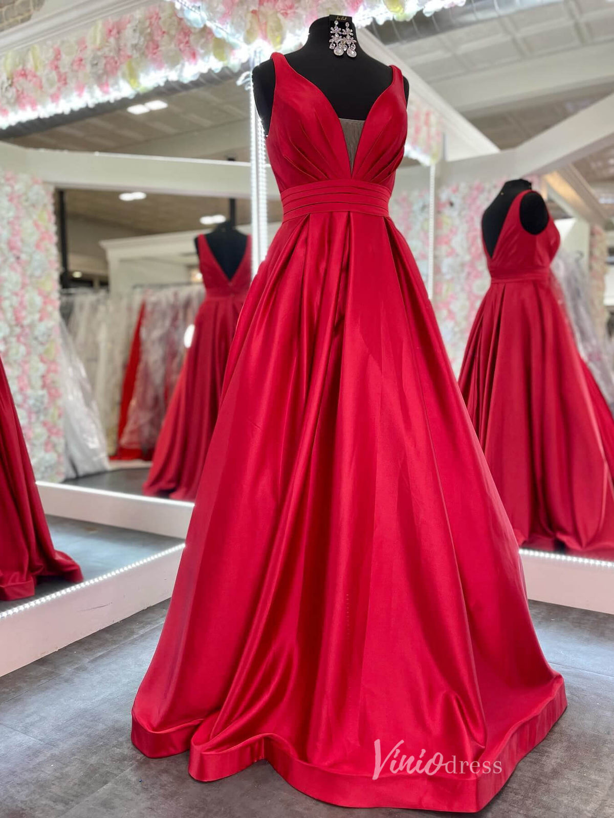 Red Satin Plunging V-Neck Prom Dresses Pleated Bodice Open Back FD3996-prom dresses-Viniodress-Red-Custom Size-Viniodress