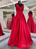 Red Satin Plunging V-Neck Prom Dresses Pleated Bodice Open Back FD3996