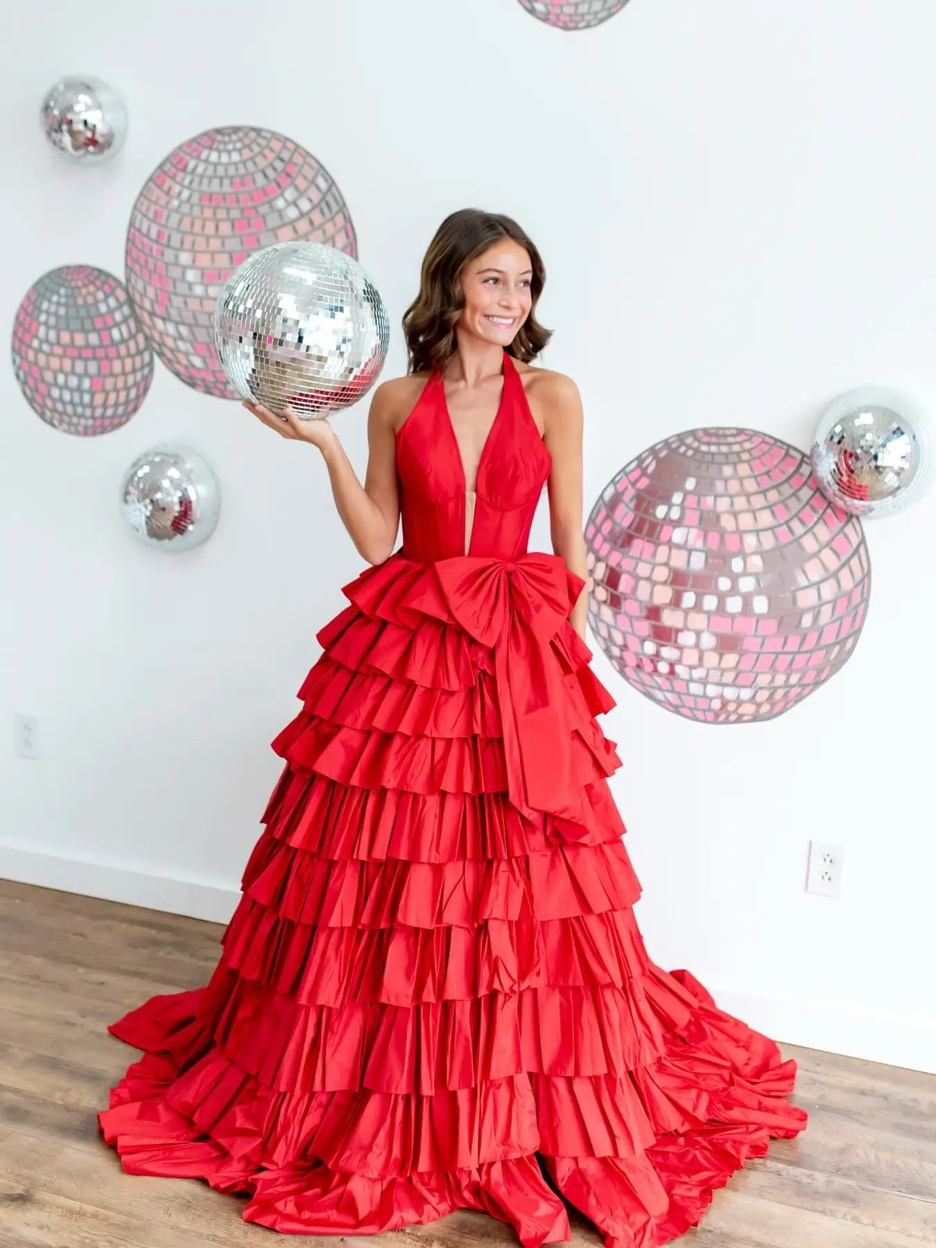Red Satin Prom Ball Gown with Halter Neck, Bow Waist & Slit - Tiered Formal Dress FD6092-prom dresses 2025 -Viniodress-Red-Custom Size-