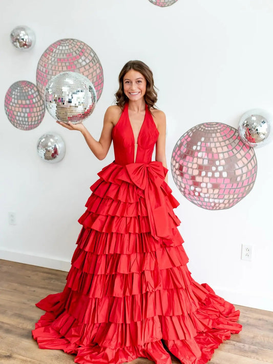 Red Satin Prom Ball Gown with Halter Neck, Bow Waist & Slit - Tiered Formal Dress FD6092-prom dresses 2025 -Viniodress-Red-Custom Size-