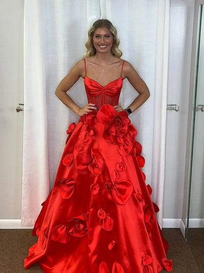 Red Satin Prom Dress with 3D Flower, Spaghetti Strap & Sheer Boned Bodice – Style FD5021-prom dresses 2025 -Viniodress-Red-Custom Size-