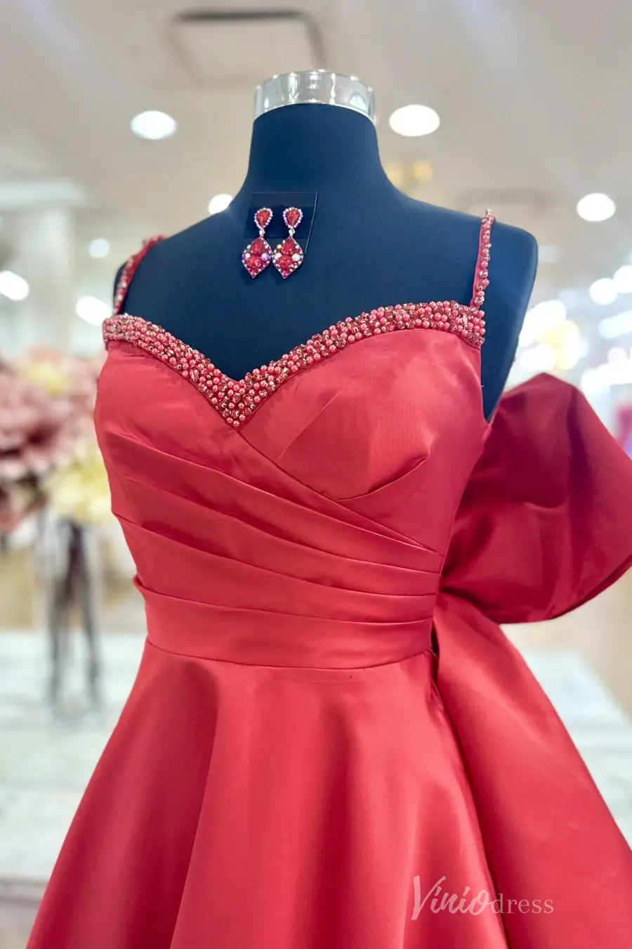 Red Satin Prom Dress with Beaded Neckline, Satin Bow Back, Draped Bodice, Spaghetti Strap – AS010-prom dresses 2025 -Viniodress-Red-Custom Size-