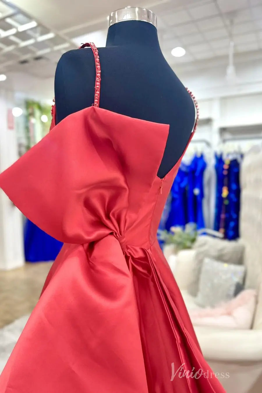 Red Satin Prom Dress with Beaded Neckline, Satin Bow Back, Draped Bodice, Spaghetti Strap – AS010-prom dresses 2025 -Viniodress-Red-Custom Size-