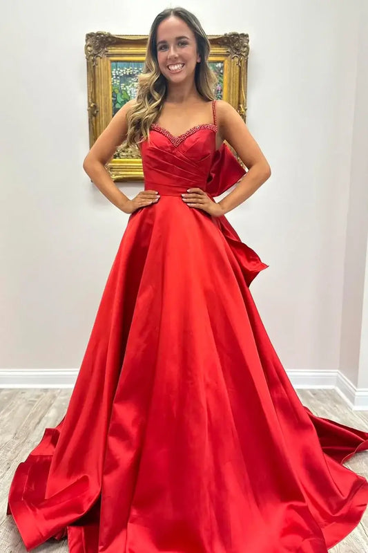 Red Satin Prom Dress with Beaded Neckline, Satin Bow Back, Draped Bodice, Spaghetti Strap – AS010-prom dresses 2026-Viniodress-Red-Custom Size – Add Measurements in Cart-