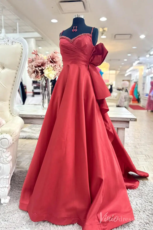 Red Satin Prom Dress with Beaded Neckline, Satin Bow Back, Draped Bodice, Spaghetti Strap – AS010-prom dresses 2025 -Viniodress-Red-Custom Size-