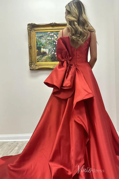 Red Satin Prom Dress with Beaded Spaghetti Straps, Draped Bodice, Oversized Bow Back – AS026-prom dresses 2025 -Viniodress-Red-Custom Size-