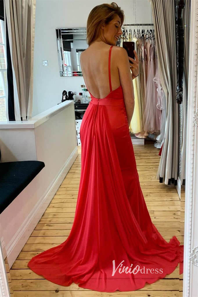 Prom Dress 2025 Red Satin Prom Dresses Mermaid Spaghetti Strap Evening Dress FD3268-unique prom dresses-Red-Custom Size-Viniodress