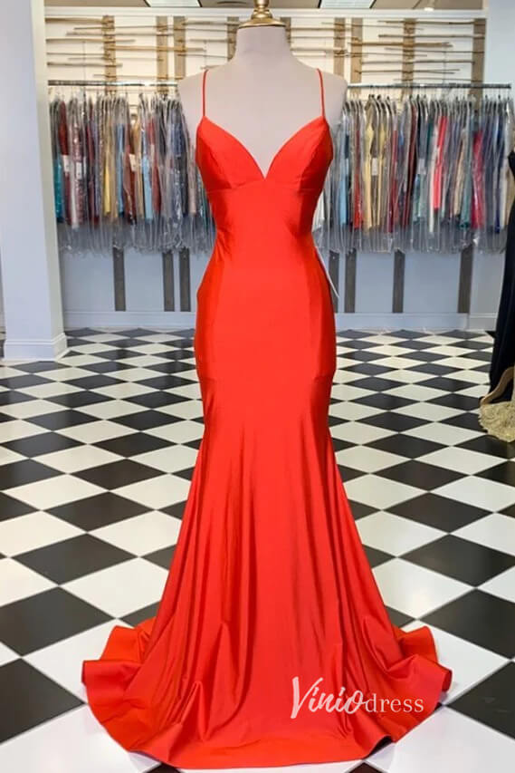 Red Satin Prom Dresses Mermaid Spaghetti Strap Formal Gown FD3287-prom dresses 2025 -Viniodress-Red-Custom Size-
