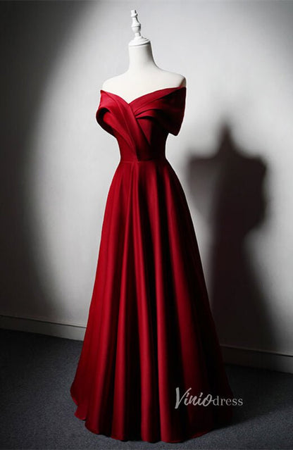 Red Satin Prom Dresses Off the Shoulder Formal Dress AD1222-prom dresses 2025 -Viniodress-Red-Custom Size-