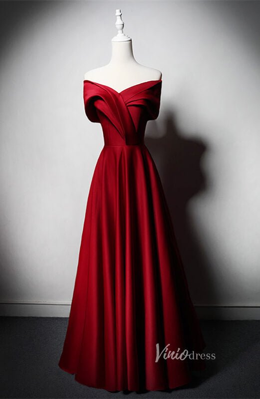 Red Satin Prom Dresses Off the Shoulder Formal Dress AD1222-prom dresses 2025 -Viniodress-Red-Custom Size-