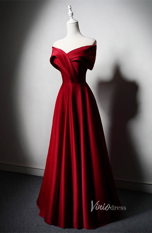 Red Satin Prom Dresses Off the Shoulder Formal Dress AD1222-prom dresses 2025 -Viniodress-Red-Custom Size-