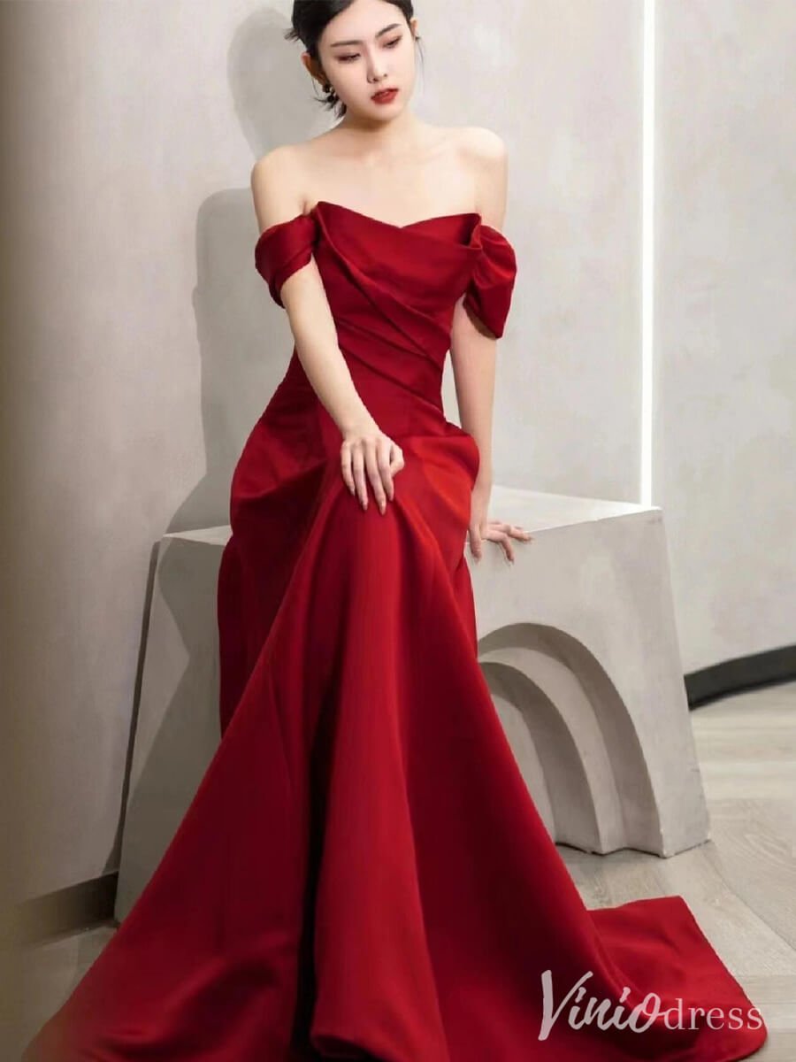 Red Satin Prom Dresses Off the Shoulder Formal Dresses AD1330-prom dresses 2025 -Viniodress-Red-Custom Size-