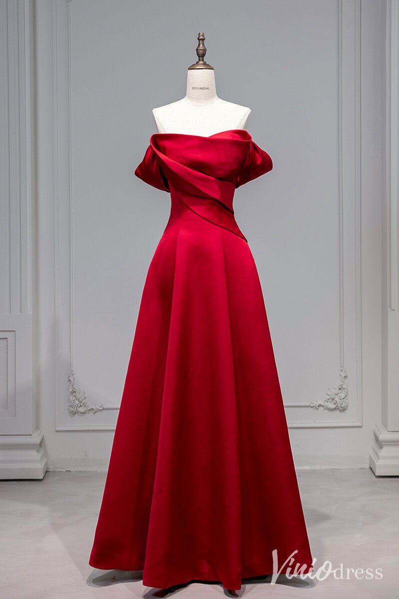Red Satin Prom Dresses Off the Shoulder Formal Dresses AD1330-prom dresses 2025 -Viniodress-Red-Custom Size-