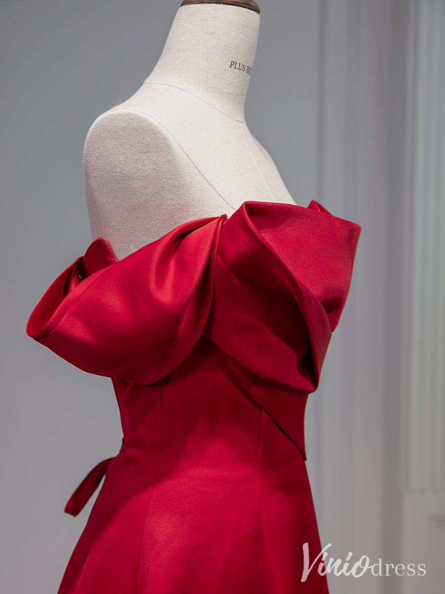 Red Satin Prom Dresses Off the Shoulder Formal Dresses AD1330-prom dresses 2025 -Viniodress-Red-Custom Size-