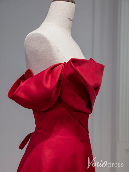 Red Satin Prom Dresses Off the Shoulder Formal Dresses AD1330-prom dresses 2025 -Viniodress-Red-Custom Size-
