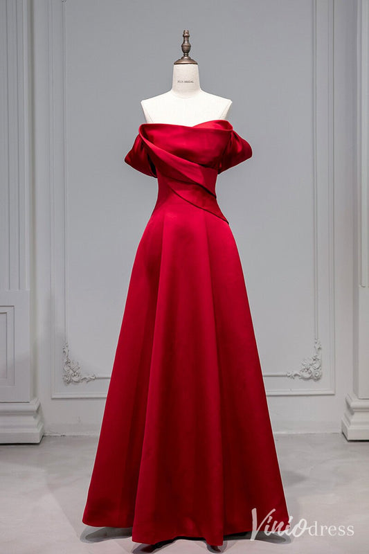 Red Satin Prom Dresses Off the Shoulder Formal Dresses AD1330-prom dresses 2025 -Viniodress-Red-Custom Size-