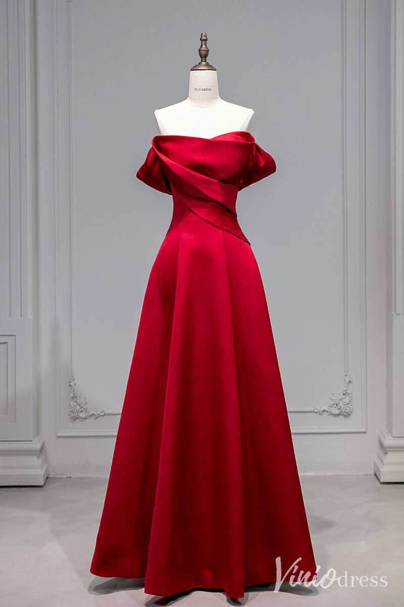 Red Satin Prom Dresses Off the Shoulder Formal Dresses AD1330 - Viniodressprom dressesRedCustom Size - Formal Dresses - Ball Gowns