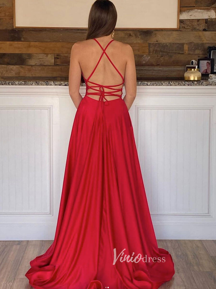 Prom Dress 2025 Red Satin Prom Dresses With Slit Spaghetti Strap Evening Dress FD3183-unique prom dresses-Red-Custom Size-Viniodress