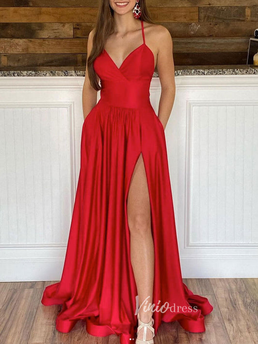 Prom Dress 2025 Red Satin Prom Dresses With Slit Spaghetti Strap Evening Dress FD3183-unique prom dresses-Red-Custom Size-Viniodress