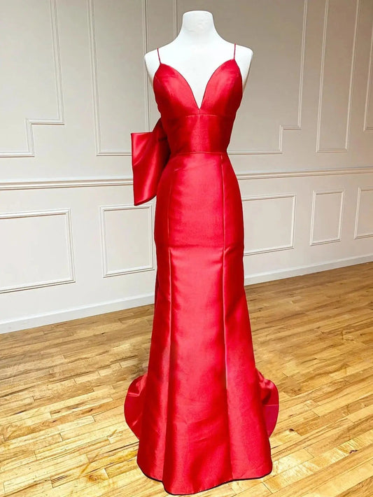 Red Satin Sheath Prom Dresses 2025 with Spaghetti Strap, Sweetheart Neck & Bow Tie – FD5065 - Viniodressprom dressesRedCustom Size - Formal Dresses - Ball Gowns