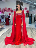 Red Satin Sheath Prom Dresses Chiffon Cape Sleeve Beaded Bodice Formal Gown FD3994