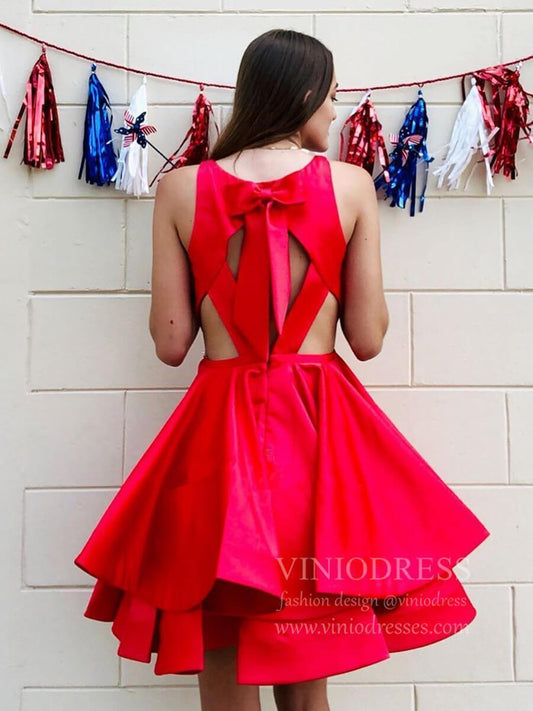 Red Satin Short Prom Dresses Knee Length Hoco Dress with Bow SD1268-Homecoming Dresses 2025 -Viniodress-Red-Custom Size-