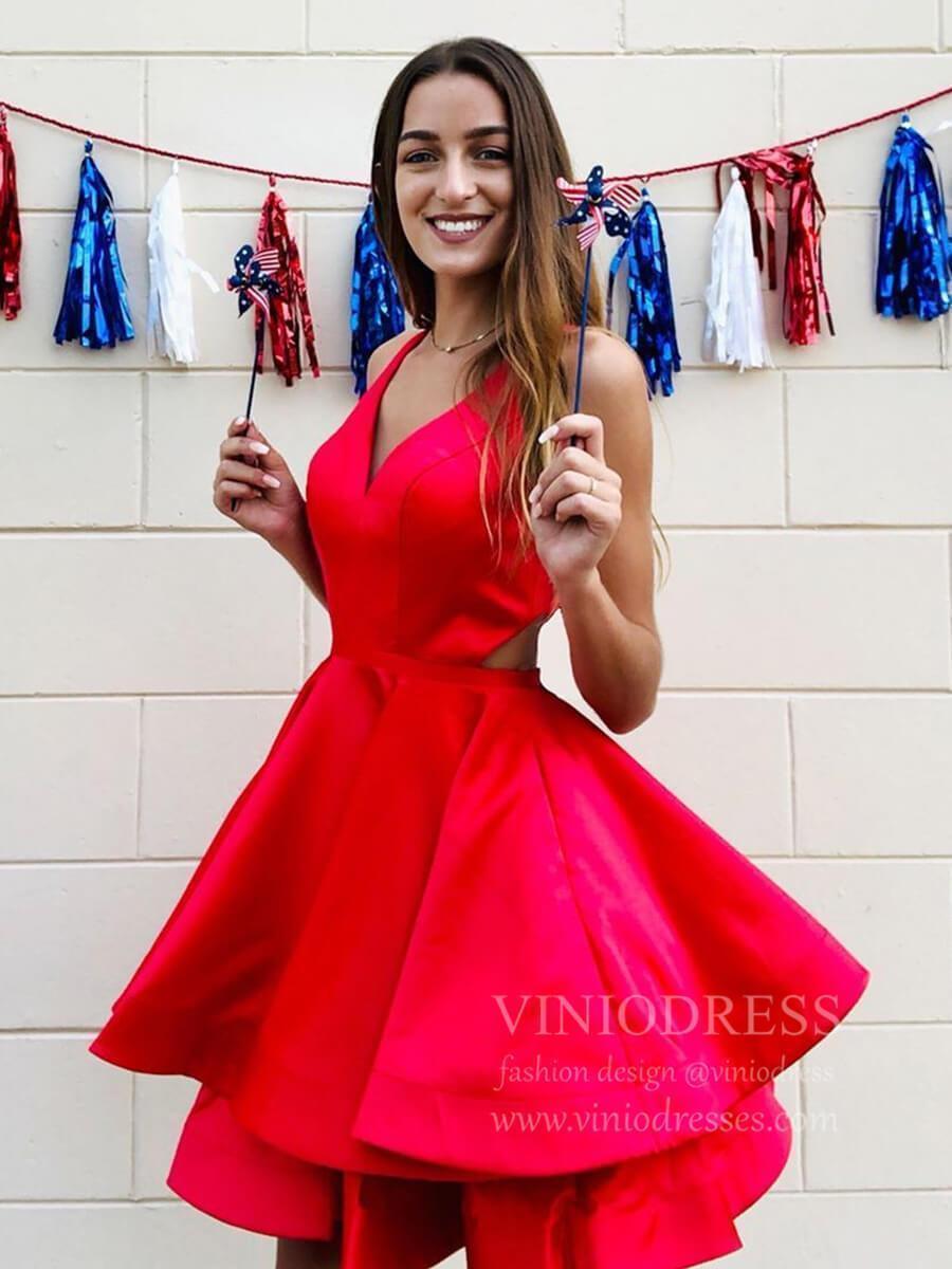 Red Satin Short Prom Dresses Knee Length Hoco Dress with Bow SD1268-Homecoming Dresses 2025 -Viniodress-Red-Custom Size-