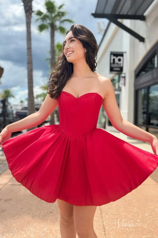 Red Satin Strapless Homecoming Dress with Corset Bodice, Lace-Up Back & Bubble Skirt – H1162-Homecoming Dresses 2025 -Viniodress-Red-Custom Size-