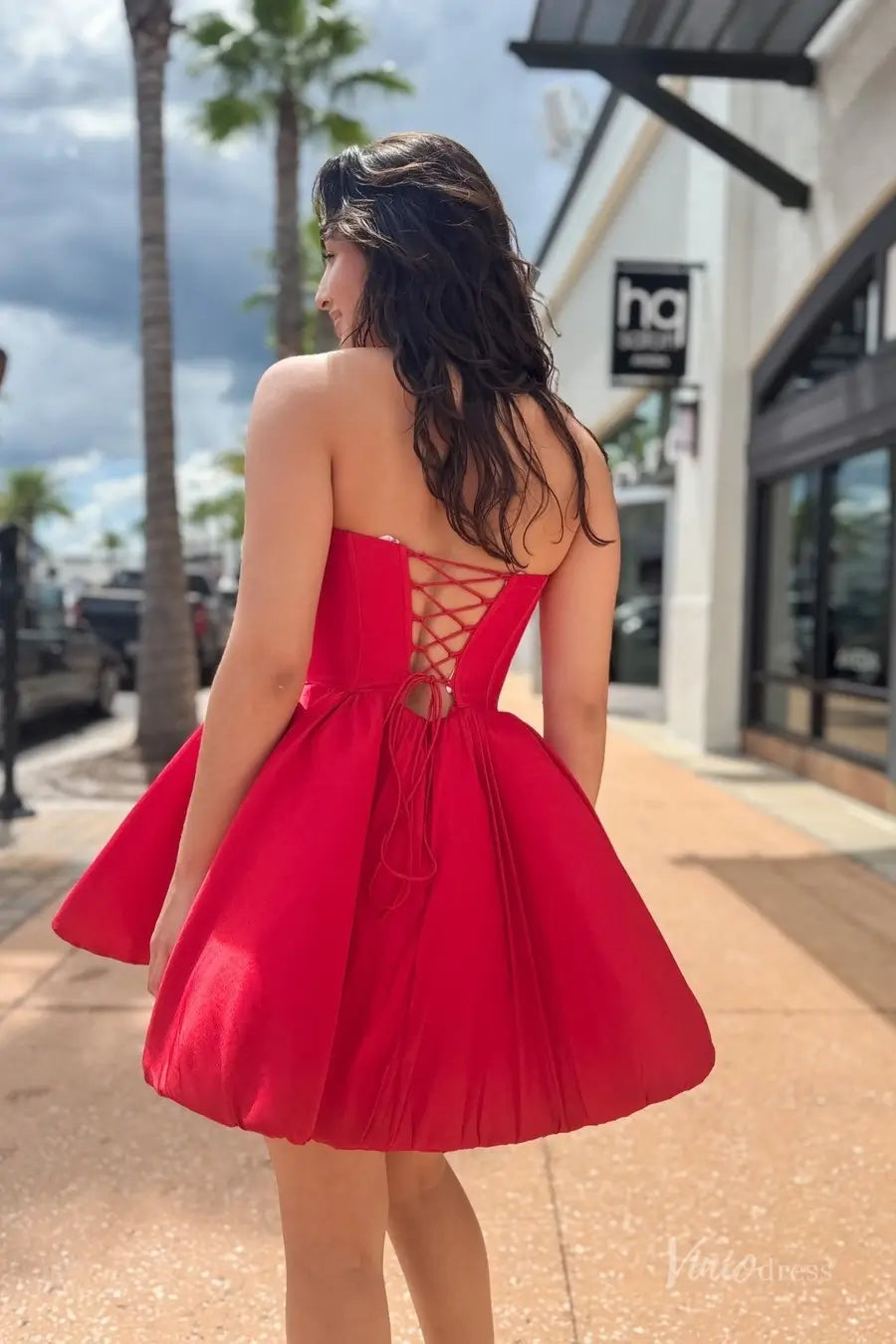 Red Satin Strapless Homecoming Dress with Corset Bodice, Lace-Up Back & Bubble Skirt – H1162-Homecoming Dresses 2025 -Viniodress-Red-Custom Size-