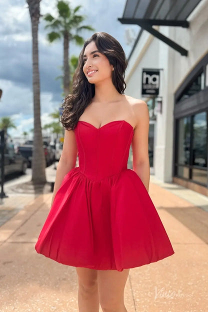 Red Satin Strapless Homecoming Dress with Corset Bodice, Lace-Up Back & Bubble Skirt – H1162-Homecoming Dresses 2025 -Viniodress-Red-Custom Size-