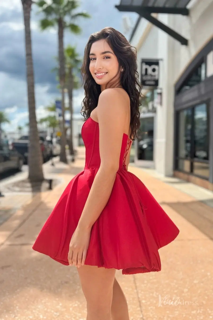 Red Satin Strapless Homecoming Dress with Corset Bodice, Lace-Up Back & Bubble Skirt – H1162-Homecoming Dresses 2025 -Viniodress-Red-Custom Size-