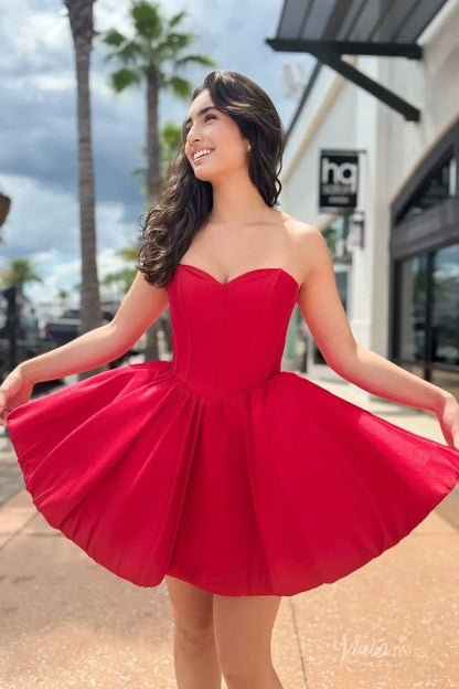 Red Satin Strapless Homecoming Dress with Corset Bodice, Lace-Up Back & Bubble Skirt – H1162-Homecoming Dresses 2025 -Viniodress-Red-Custom Size-