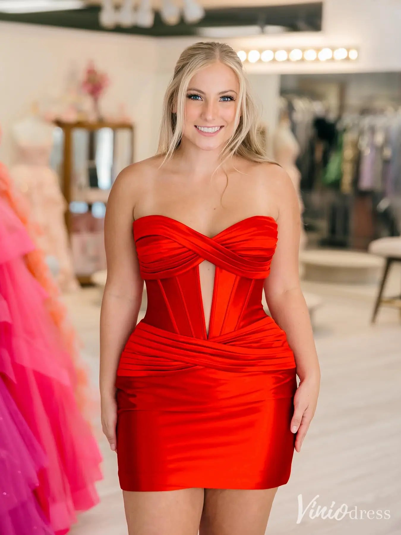Red Satin Strapless Mini Homecoming Dress with Crisscross Bodice and Ruched Waist – SD1711-Homecoming Dresses 2025 -Viniodress-Red-Custom Size-