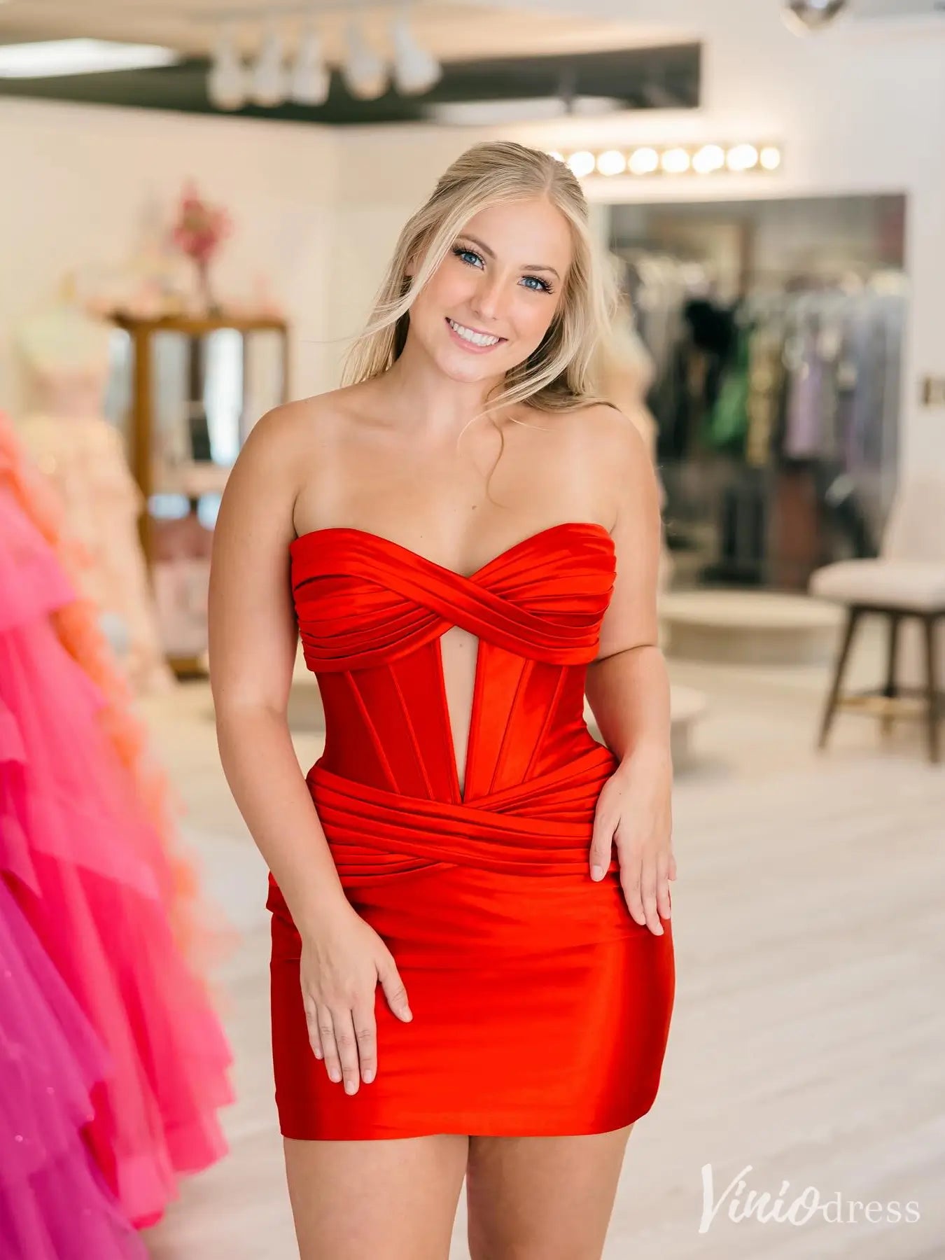 Red Satin Strapless Mini Homecoming Dress with Crisscross Bodice and Ruched Waist – SD1711-Homecoming Dresses 2025 -Viniodress-Red-Custom Size-