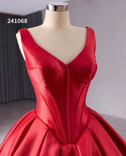 Red Satin Wedding Dress with Chapel Train V-Neck Ball Gown 241068-Quinceanera Dresses 2025 -Viniodress-Red-Custom Size-