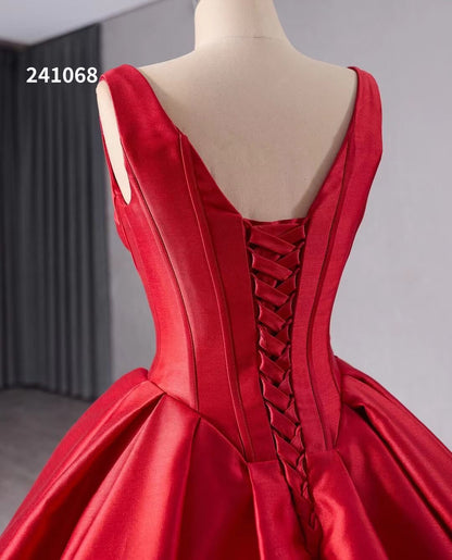 Red Satin Wedding Dress with Chapel Train V-Neck Ball Gown 241068-Quinceanera Dresses 2025 -Viniodress-Red-Custom Size-